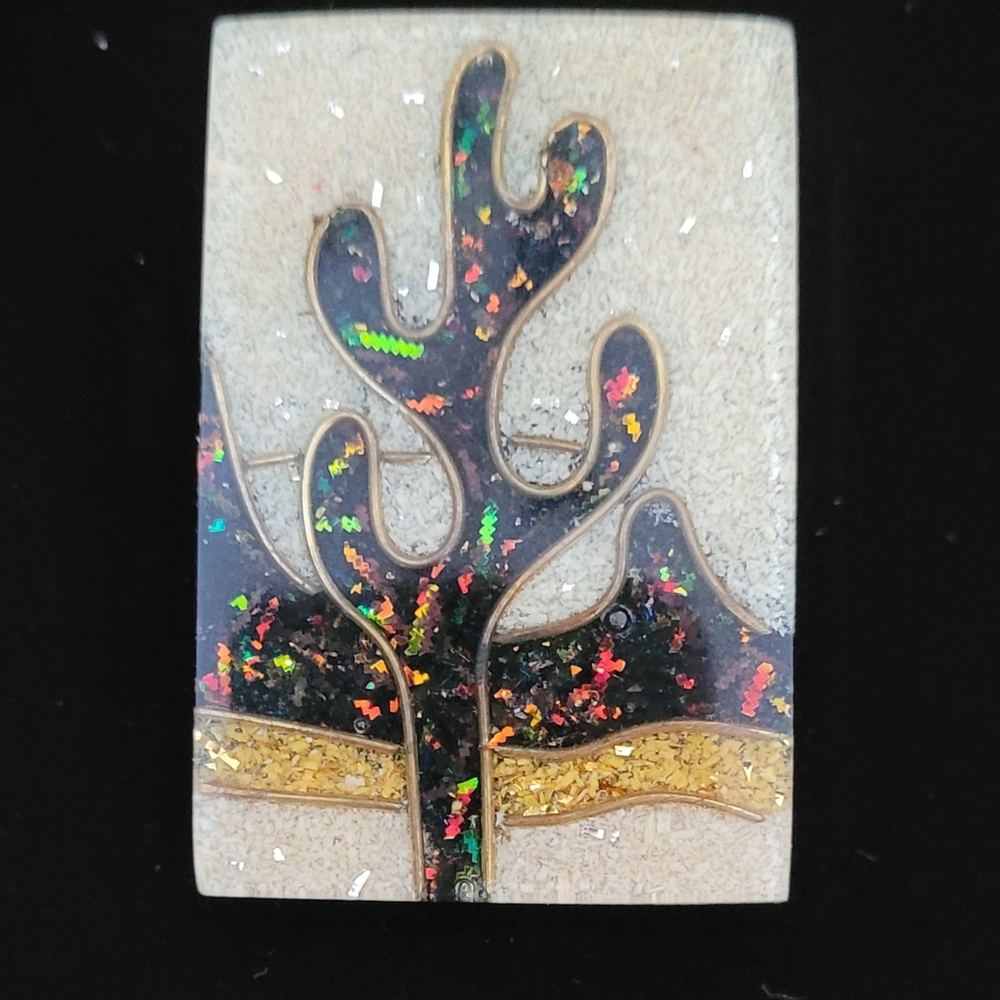 Abstract Southwest Desert Art Pin In Ivory, Black and Gold